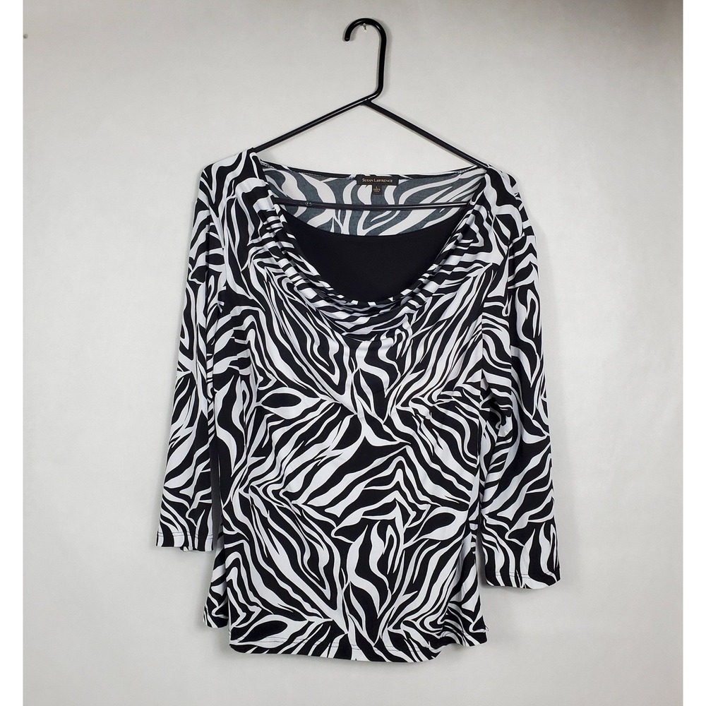 Susan Lawrence Womens Zebra Print Cowl Neck Top 3/4 Sleeve Black White Large